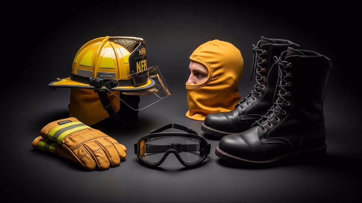 Traje y complementos del uniforme de bombero listos para inspección