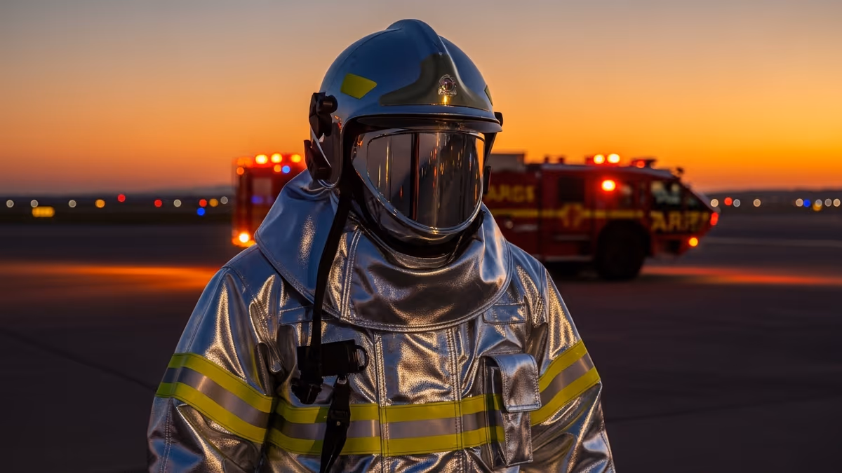 Bombero con traje de proximidad aluminizado en escenario aeronáutico