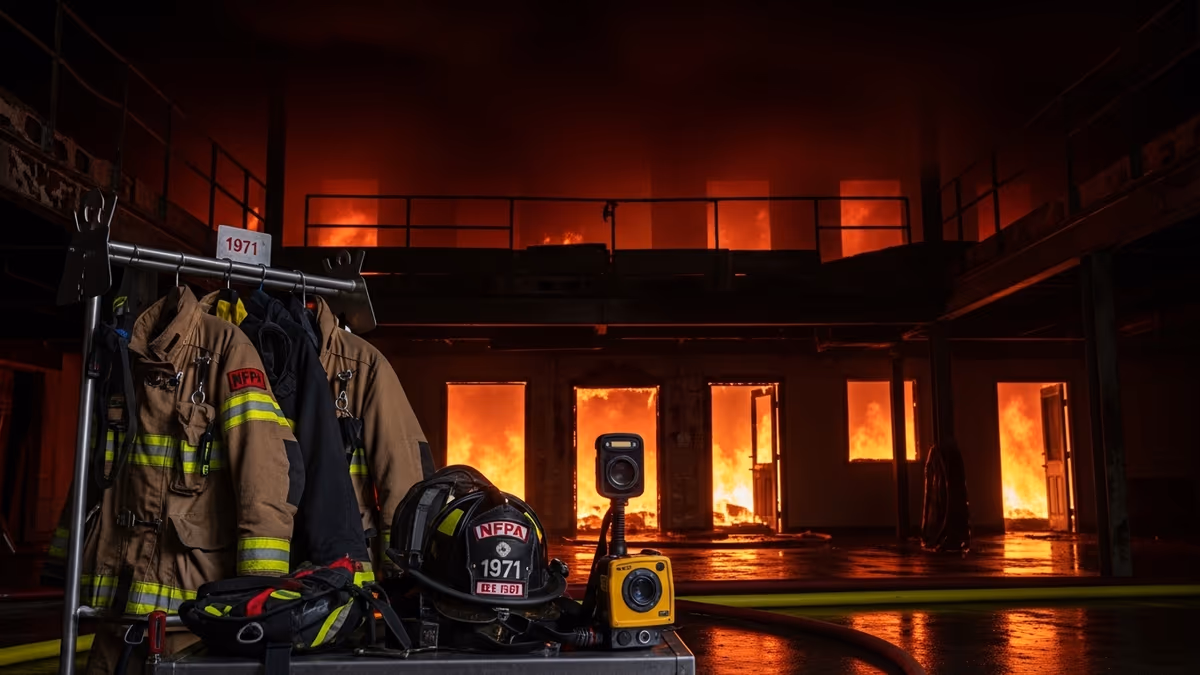 Bomberos en combate de incendio estructural con traje y equipo de protección